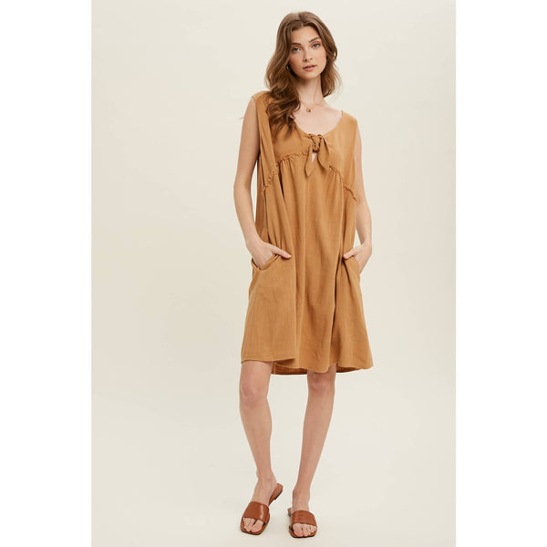 LINEN FRONT-TIE MINI DRESS WITH SIDE POCKETS