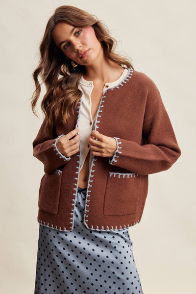Contrast Whipstitch Knit Cardigan