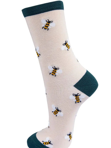 Womens Bamboo Bee Socks Bumblebees Novelty Ankle Socks Cream