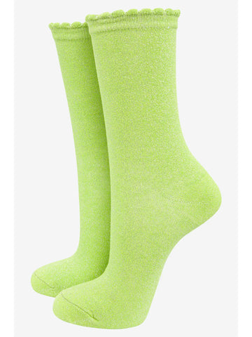 Womens Glitter Ankle Socks Scalloped Cuff in Lime Green