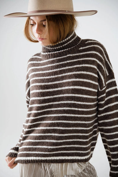 Brown Soft Knit Striped Turtleneck Sweater