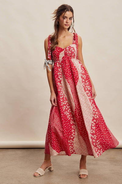 Patchwork Tie Strap Cotton Maxi Dress