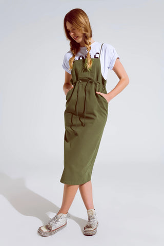 Khaki Denim Overall Dress with Chest Pocket and Drawstring Waist