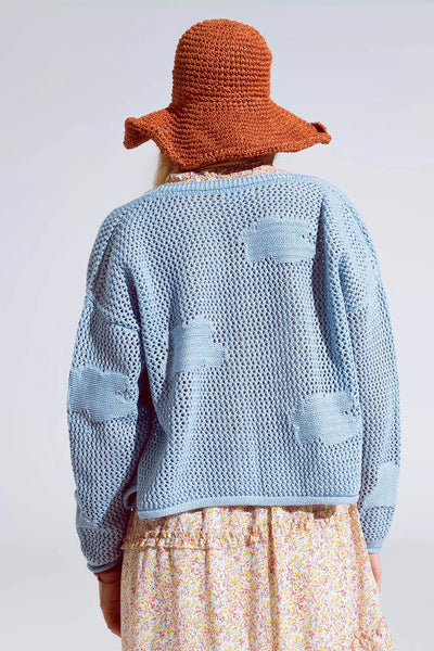 Crochet Cardigan with Knitted Clouds in Blue