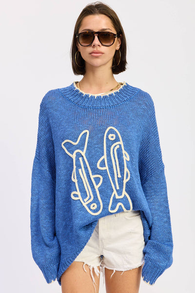 Oversized Long Sleeve Knitted Fish Sweater