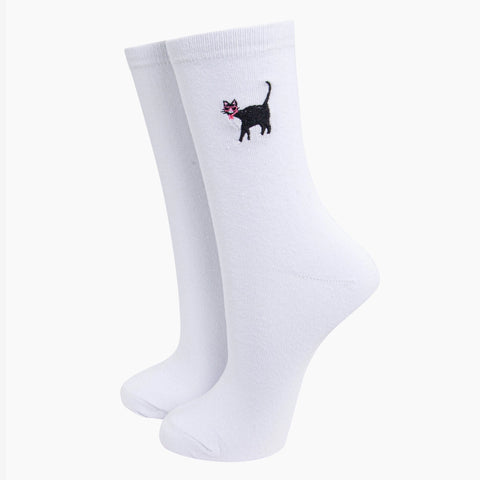 Women's Embroidered Socks - White, Cat