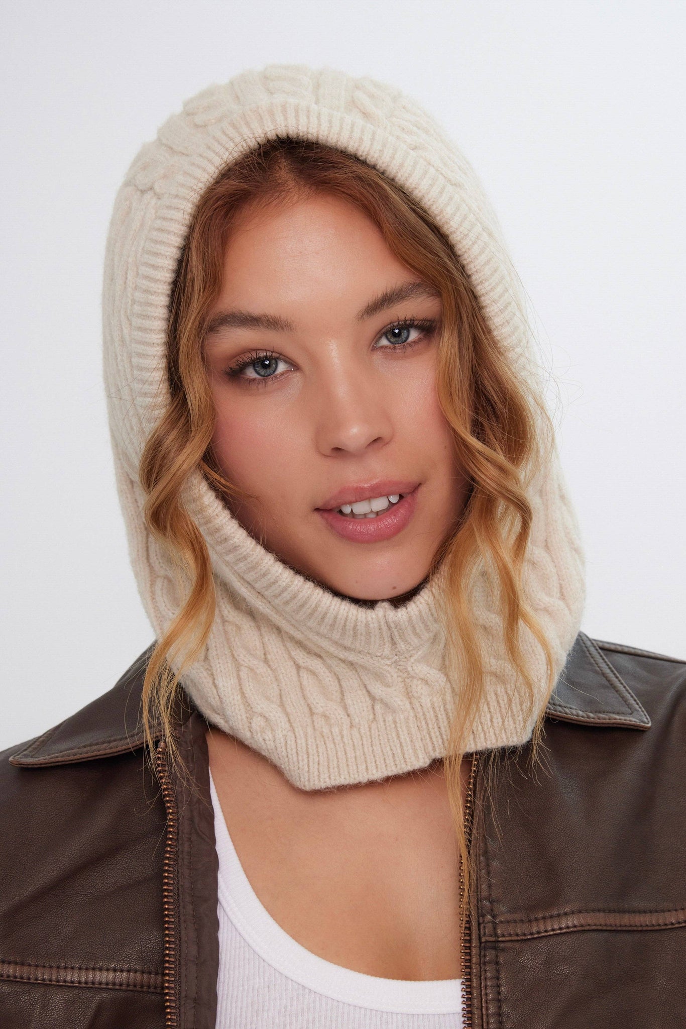 Cable Knitted Hood Balaclava in Cream