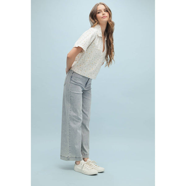 FLORAL DENIM RELAXED CROP BOXY TOP