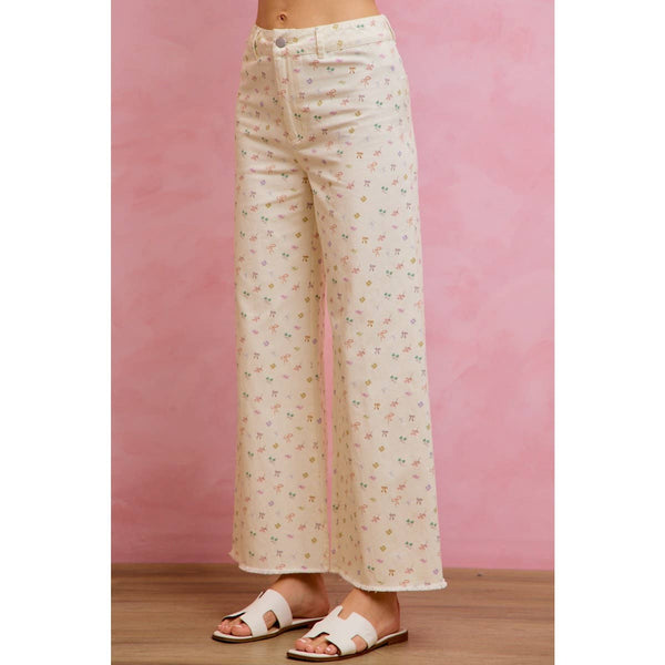 Mid Rise Ditsy and Ribbon Print Twill Pants