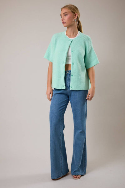 ROUND NECK SHORT SLEEVE SWEATER CARDIGAN