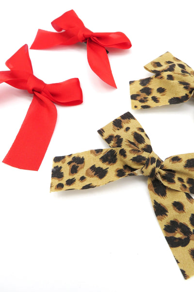 Mini Bow Hair Clips in Red and Leopard Print