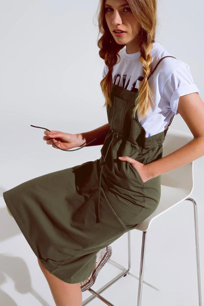 Khaki Denim Overall Dress with Chest Pocket and Drawstring Waist