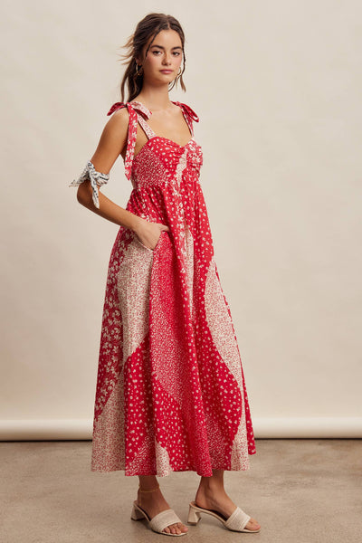 Patchwork Tie Strap Cotton Maxi Dress