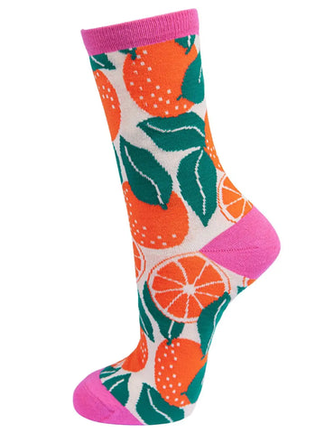 Women's Orange Print Bamboo Socks in Cream Hot Pink