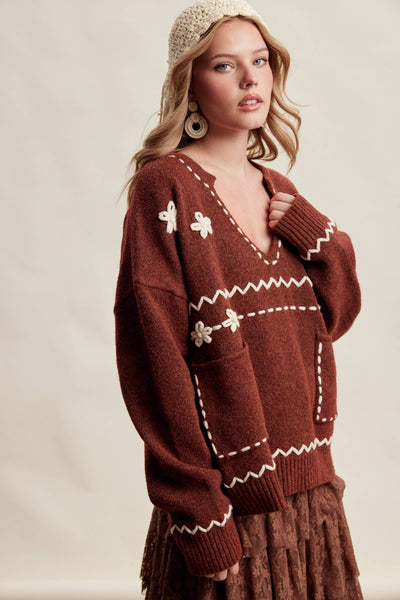 Floral Embroidered Knit Sweater