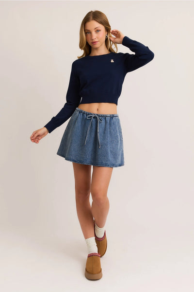 Long Sleeve Crew Neck Cropped Sweater with Bear