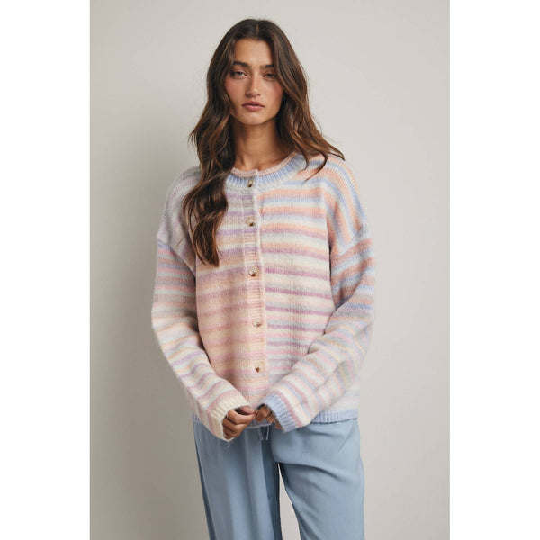 RAINBOW BUTTON-UP KNIT SWEATER CARDIGAN: BUBBLEGUM/MINT