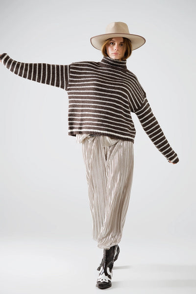 Brown Soft Knit Striped Turtleneck Sweater