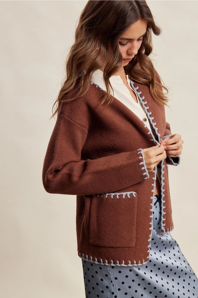 Contrast Whipstitch Knit Cardigan