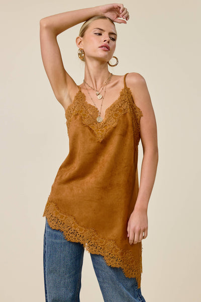 Faux Suede Lace Trim Cami Top