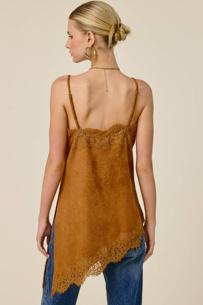 Faux Suede Lace Trim Cami Top