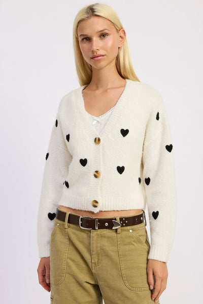 CROPPED CARDIGAN WITH PLUSH HEARTS - BLACK