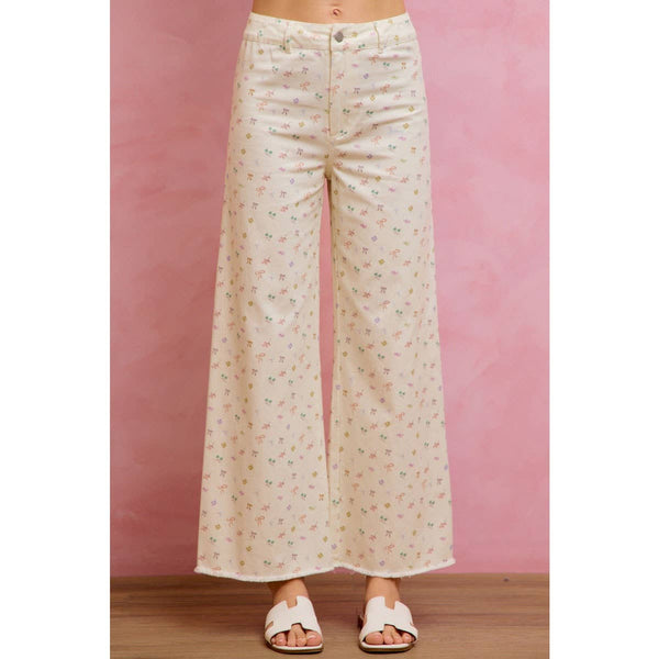 Mid Rise Ditsy and Ribbon Print Twill Pants