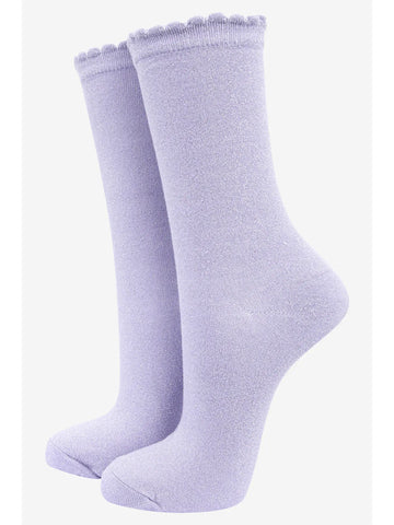 Womens Cotton Glitter Ankle Socks Scalloped Cuff in Lilac