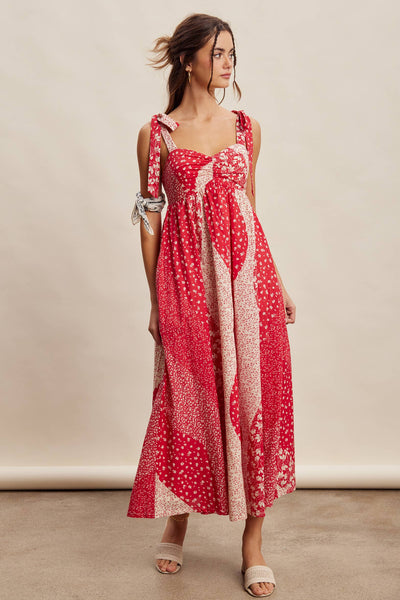 Patchwork Tie Strap Cotton Maxi Dress