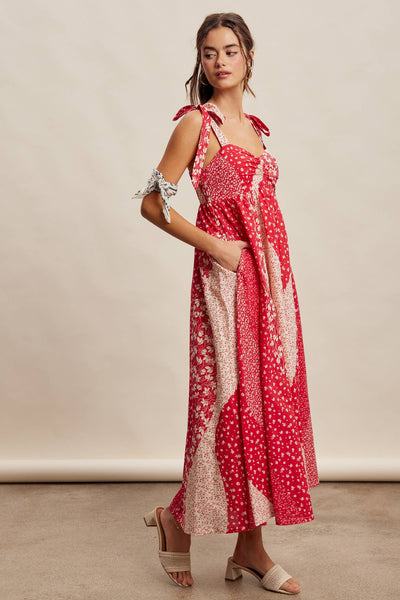 Patchwork Tie Strap Cotton Maxi Dress
