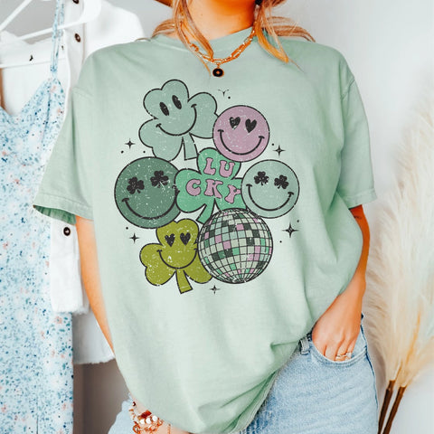 St. Patricks Smiley Retro Clovers Collage Graphic Tee