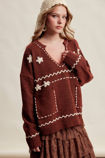 Floral Embroidered Knit Sweater