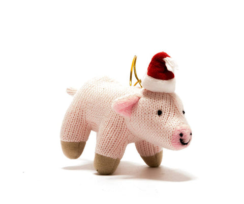 Knitted Pink Pig with Santa Hat Christmas Ornament