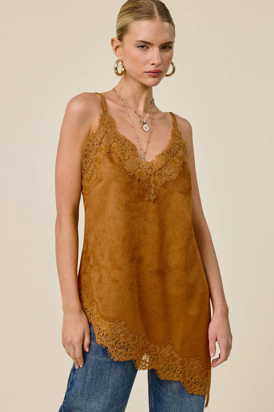 Faux Suede Lace Trim Cami Top