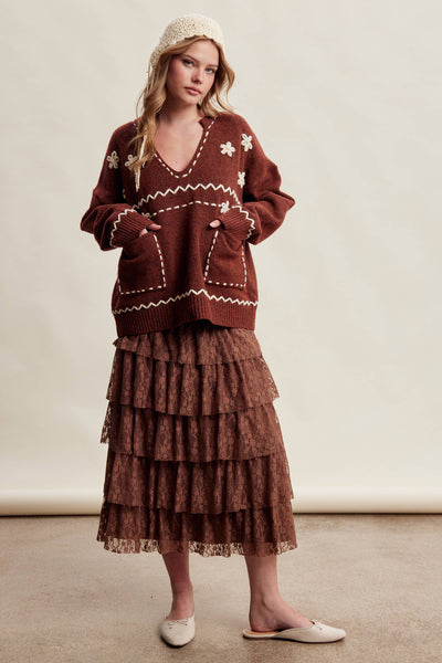 Floral Embroidered Knit Sweater
