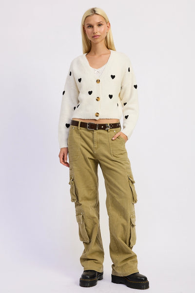 CROPPED CARDIGAN WITH PLUSH HEARTS - BLACK