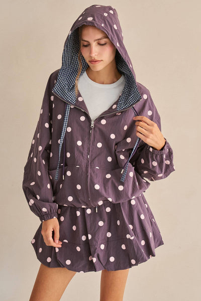 Polka Dot Drawstring Hooded Jacket