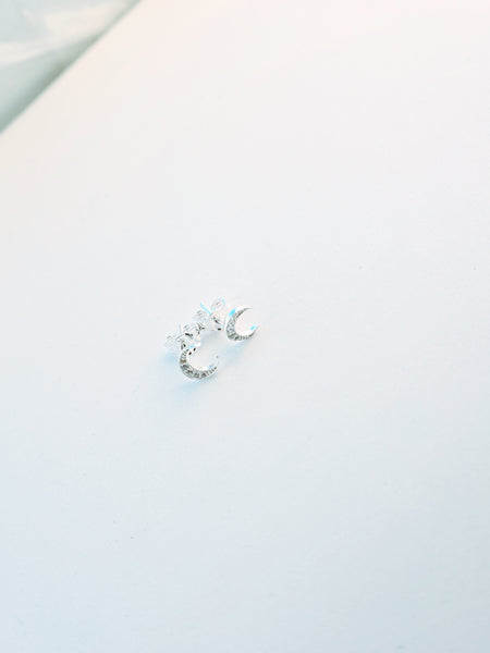 CRESCENT MOON STUDS WITH CLEAR CZ CRYSTALS